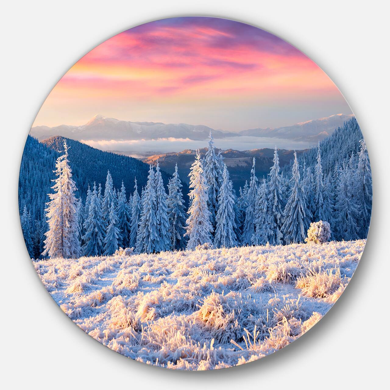 Designart - Amazing Winter Sunrise in Mountains' Large Landscape Metal Circle Wall Art